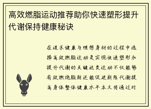 高效燃脂运动推荐助你快速塑形提升代谢保持健康秘诀