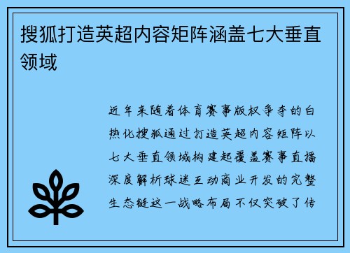 搜狐打造英超内容矩阵涵盖七大垂直领域