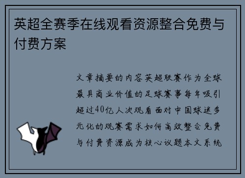 英超全赛季在线观看资源整合免费与付费方案