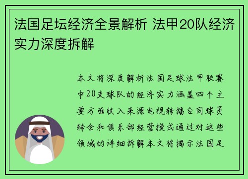 法国足坛经济全景解析 法甲20队经济实力深度拆解